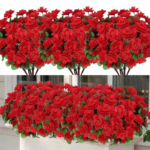 Weldomcor 8 Bündel Künstliche Blumen, Kunstblumen wie Echt für Freien und Innen UV Beständig Kunstpflanzen für Draußen Balkon Balkonkasten Hängende Garten Fenster Innen Außenbereichen, Rot