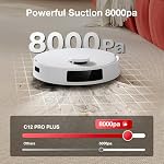 Yeedi C12 Plus Aspirateur robot et Mop, 8000Pa Une forte aspiration, 7-Week Stockage de la poussière, poubelle sans sac, PureCyclone Technique, ZeroTangle Brosse blanche