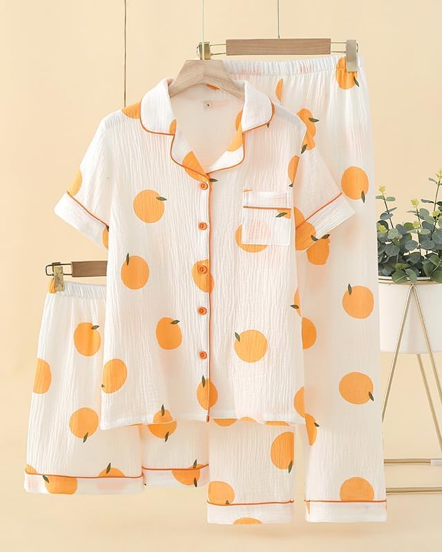 Womens 3pcs Cotton Pajamas Set Short Sleeve Sleepwear Fruit Print Cute Pj Set with Long Pants - Image 2