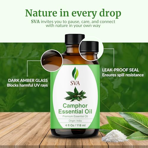 Image of SVA Camphor Essential Oil 4 Fl Oz - for Diffuser, Skin & Hair Care - Ideal for Massage & DIY Blends - with Dropper