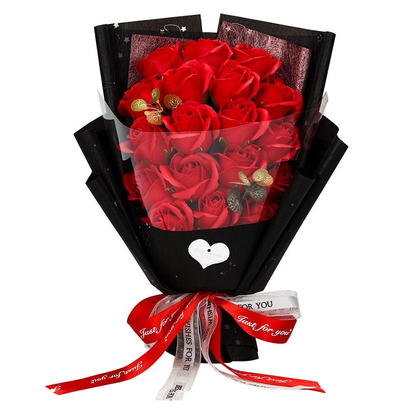 ソープフラワー薔薇 お誕生日 ・記念日 プレゼント 花束 卒業式 Amazon｜ソープフラワー バラ 18輪 ブーケ, 7色展開, 黒色ラッピング