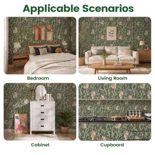 Image of Sage Green Vintage Floral Peel and Stick Wallpaper - Elegant Botanical Self Adhesive Wallpaper Roll for Living Room, Bedroom, Hallway, Accent Wall, Cabinet & Furniture