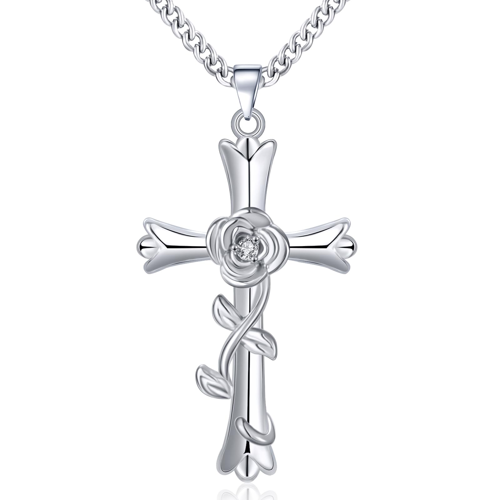 Mesovor Collana Croce In Argento (Rame Placcato Bianco) Con Zircone, Ciondolo Fede Regolabile 42+2 Cm, Regalo Gioiello Per Donna Con Scatola
