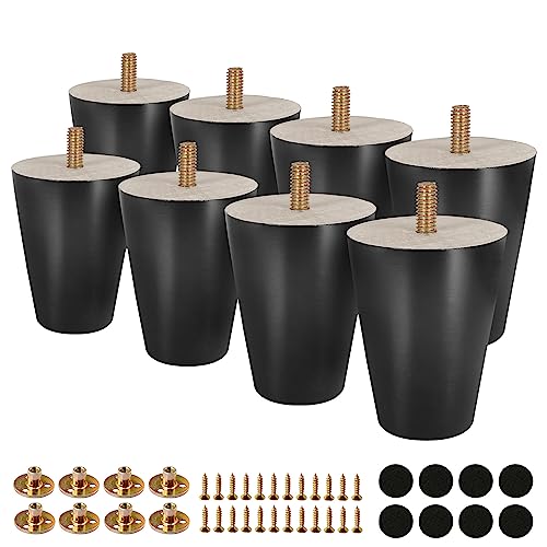 FoDau770 Black Rubber Wood Furniture Legs 3 Inches, Straight Tapered Wood Feet Mid Century Sofa Legs Set of 8, 5/16" UNC Furniture Feet for Cabinet Couch Dresser Chair Ottoman Table