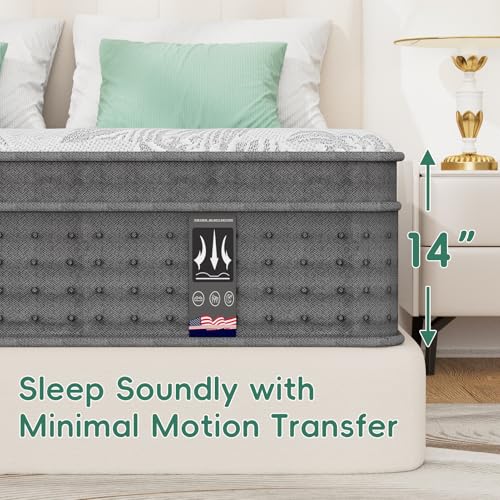 Image of Twin Size 14 Inch Hybrid Mattress, Colchones Twin 14 In Made in USA | Motion Isolation & Pressure Relief, Fiberglass Free, Mattress in a Box, CertiPUR-US Certified Twin Hybrid Mattress 14+ Inch