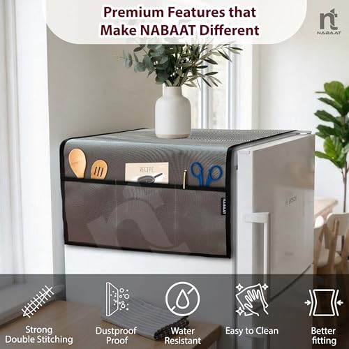 Image of NABAAT Premium Fridge Cover Top for Single Door Refrigerator Kitchen Decor Durable Dustproof Waterproof Modern Design with 6 Side Pockets for Kitchen Accessories - 130 x 54cm (Light Grey)