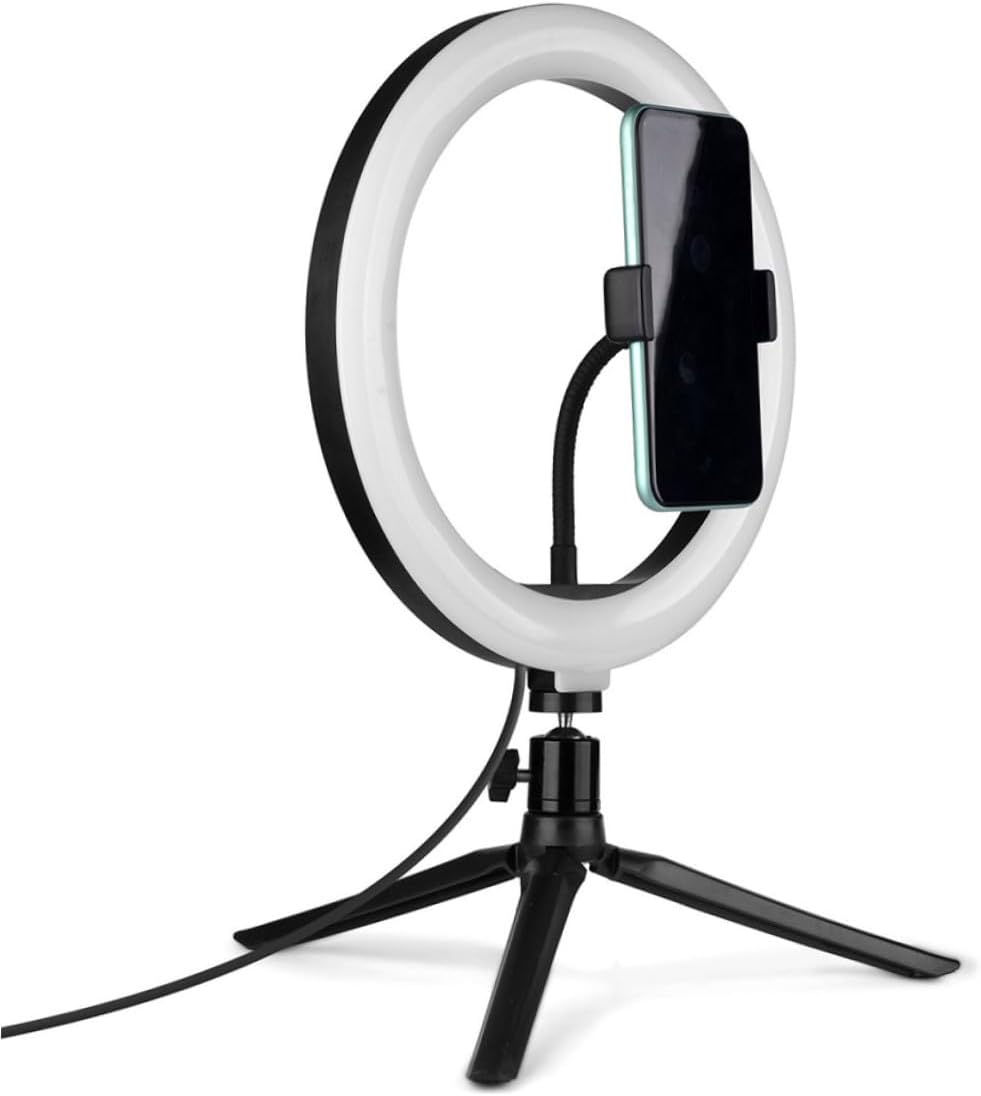 Makeup Light Phone Stand with 10-Inch USB Dimmable Ring Light and Remote, Adjustable Phone Holder Tripod for Live Streaming and Selfie Photography, Black