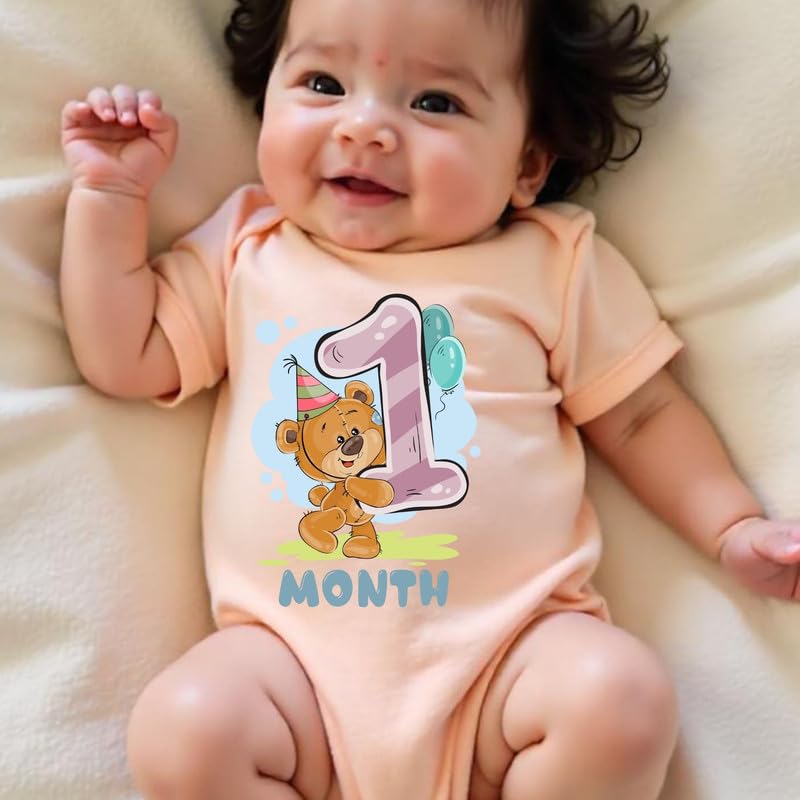 Image of Knitroot Monthly Birthday Teddy Special, Newborn Baby Half Sleeve Unisex Romper, Onesies, Sleepsuit, Body Suit, Envelope Neck, 1 to 12 Months Print, 0-12 Months, Infant Cloth for Boys & Girls