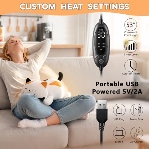 Image of Cat Heating Pad for Period Cramps Menstrual Pain Relief, Portable Electric Heat Pads USB Powered, Cute Grey Cat Plush Stuffed Animals Gift, Funny Cats Gifts for Women Teen Girls Birthday
