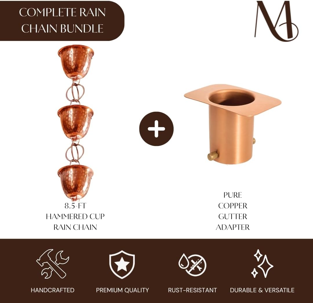 Monarch Rain Chains Pure Copper Hammered Cup Rain Chain with Gutter Adapter, 8.5 ft Decorative Downspout Replacement & Copper Rain Chain Gutter Adapter