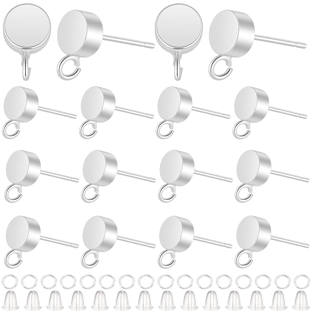 CREATCABIN 20 Pcs Flat Round Earring Posts with Loop 925 Sterling Silver Plated Brass Earrings Dangle Studs Posts Findings with Jump Rings Ear Nuts Set for DIY Jewelry Making Supplies 0.4 x 0.2 Inch