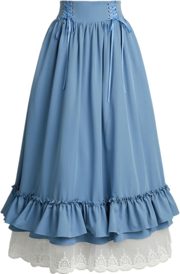 Vintage Women Gothic Victorian Skirt High Waist Double-Layer Lace Ruffle Renaissance Maxi Skirts - Image 2