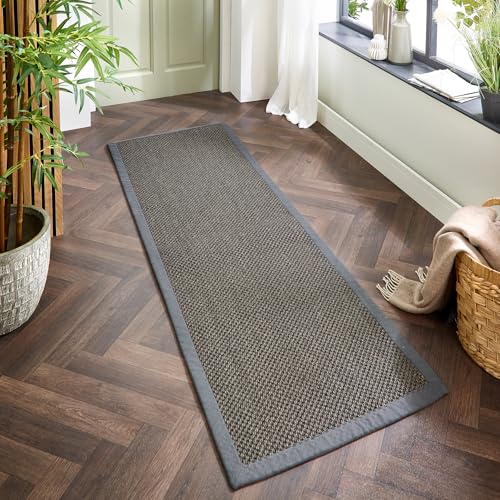 Image of Lord of Rugs Sisal Area Rug with Hand Stitched Border, Non-Slip Durable Natural Modern Bordered Carpet for Living Room, Hallway Flatweave Rug Dark Grey/Grey Border, Runner 67 x 200 cm (2'2"x6'7")