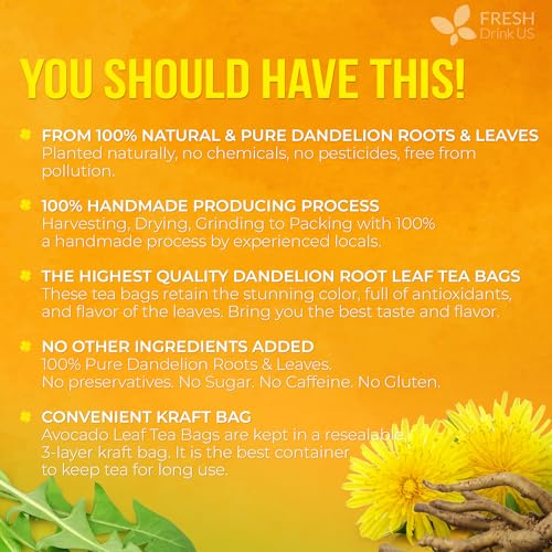 Image of FreshDrinkUS, Premium 75 Dandelion Leaves and Roots Tea Bags, 100% Natural & Pure, Herbal Tea, Daily Infusion Botanical, No Sugar, No Caffeine, No Gluten, Vegan. Powerful Support.
