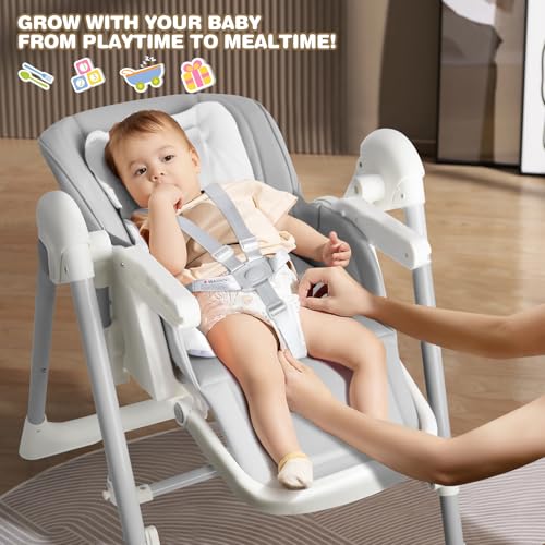 High Chairs for Babies and Toddlers Convert to Baby Swings Foldable High Chair Adjustable Convertible with Reclining Seat & Leg Rest, 3-in-1 with Tool-Free Assembly (Grey)