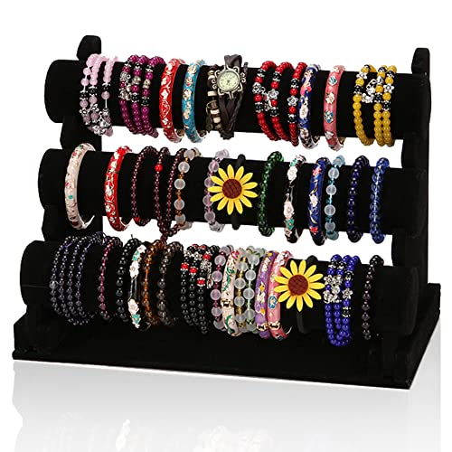 PowerKing Armbandhalter Stand, 3-stufiger schwarzer Samtarmband Armband Displayhalter Schmuckständer für Armband, Halskette und Uhr Cover
