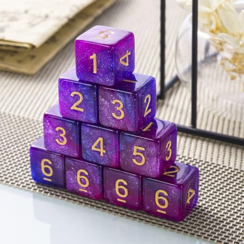 Yourandoll 10 STÜCKE Polyedrische Würfel D6 (1-6) Dice Würfel Acryl Dice Spielwürfel for RPG MTG DND Würfel Tischspiele (Sternenhimmel Lila Blau)