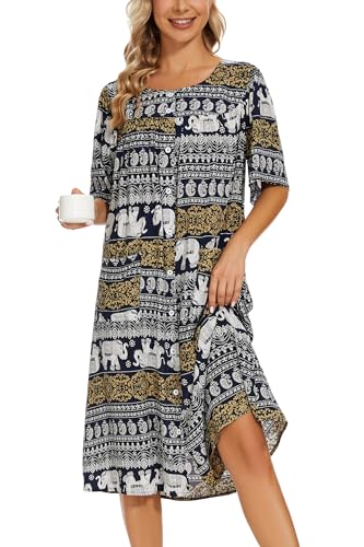 Image of COSUNIONY House Dresses for Women Cotton Short Sleeve House Coat Buttons Down Dusters Robe with Pockets S-XXL