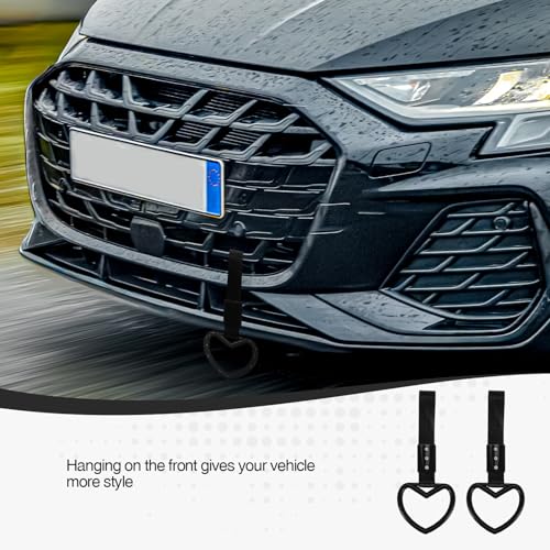 Image of 2PCS Heart Shaped Car Handle Straps, Rear Bumper Warning Keychain Ring for Car Exterior Accessories (Black)