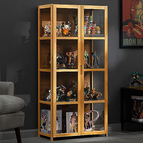 Natural Bamboo Display Cabinet with Glass Doors, Dustproof Curio Cabinet, Double Door Design, Easy to Install, Multiple Sizes & Colors, 16.5in/42cm