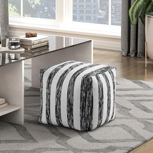 TREATLIFE HOME Black and White Striped Fabric Pouf for Modern Spaces, Non-Slip Ottoman, Comfortable Footrest or Extra Seating
