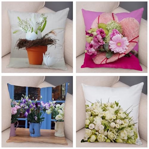 Rosas Moradas Funda de Cojín Juego de 4,con Cremallera Doble Cara Fundas de Cojines,45x45cm Suave Lino Fundas de Almohada Sofá Decorativa de cojín para Patio al Aire Libre,Jardín,Sala de Estar