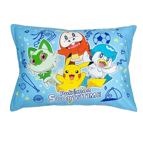 MORIPiLO 子供 枕 低め ポケモン ピカチュウ スポーツタイム ブルー 約28x39cm 肌にやさしい綿100生地 洗える カバー付き ぬいぐるみ クッション グッズ キャラクター まくらのモリシタ