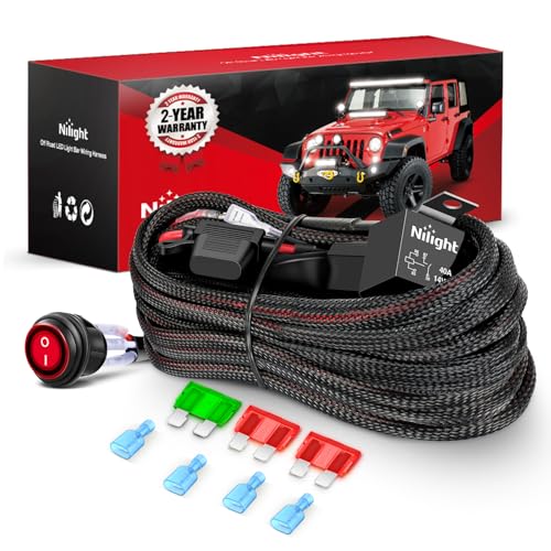 Image of Nilight Off Road LED Light Bar Pods Wiring Harness Kit 12 V On /Off Switch | Power Relay & Blade Fuse Nylon for 12 AWG 2 Leads on Cars Jeep Boat Trucks
