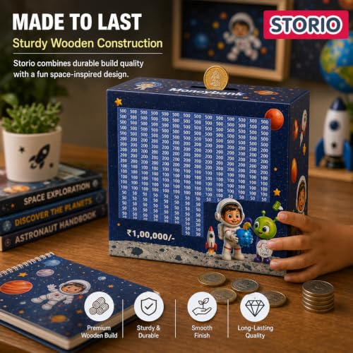 Image of Storio Astronaut Space Rs 100000 Savings Wooden Piggy Bank with Counter for Kids & Adults, Money Saving Box, Wooden Coin Bank with Number Counter, Cash Savings Bank, Coin Collection Box