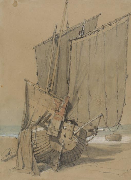 Bateaux de pêche affiche vintage Samuel Prout pour ambiance bord de mer