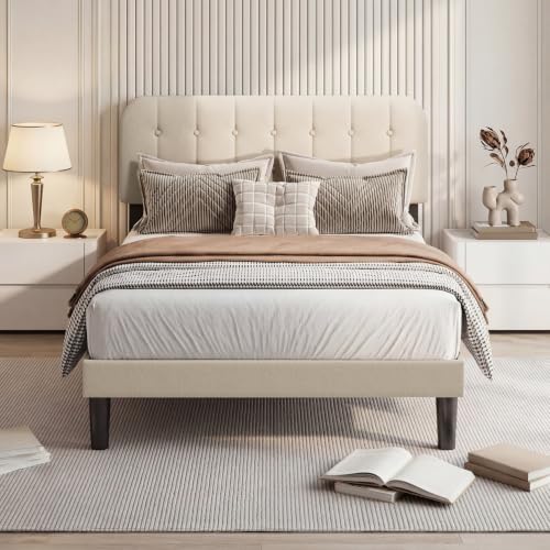 Blishom Cama tapizada 120x200 cm, Cama Doble con cabecero Ajustable en Altura, sin Necesidad de somier de muelles, habitación de Invitados, apartamento, Beige