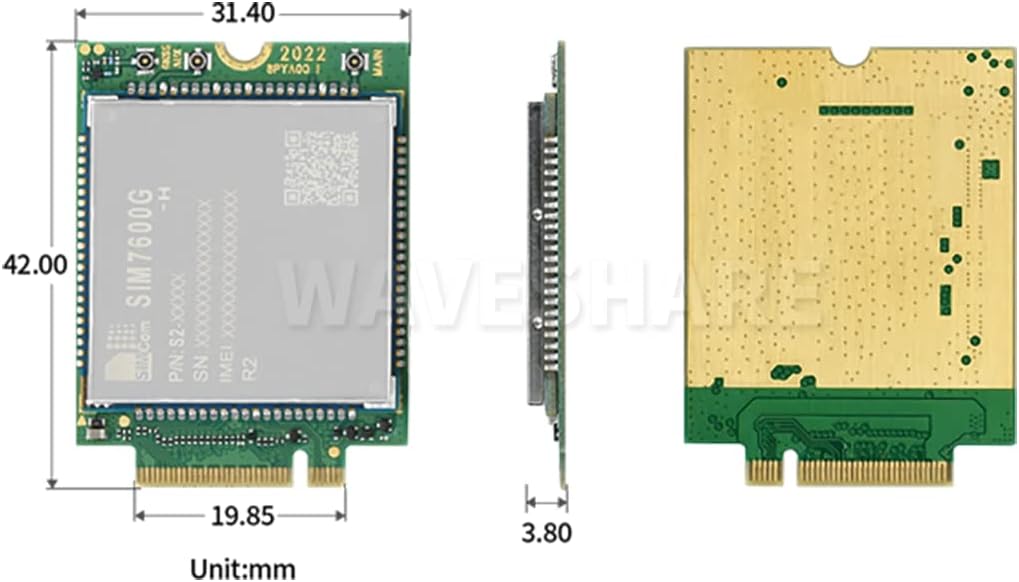 Diagram showing the dimensions of the SIM7600G-H-M.2 module in millimeters: 42.0mm length, 31.4mm width, and 3.8mm thickness.