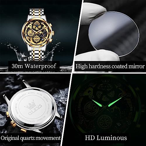 Image of OLEVS Skeleton Watch for Men Stainless Steel Chronograph Watch for Men Classic Waterproof Mens Watches with Date Luxury Business Men's Analog Wrist Watches, relojes para Hombres Blue /Black /Gold /White