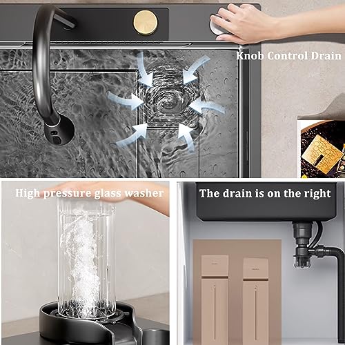 Fregadero de cocina grande negro para evitar salpicaduras con grifo extraíble de 72x45 cm 5