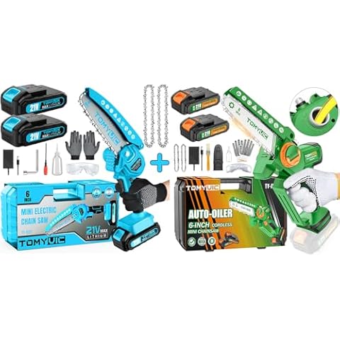 Blue & Green Mini Chainsaw Cordless 6 Inch, Cordless Handheld Chainsaw with Safety Lock or Tool-Less Tensioner & Auto-Oiler [Deals 2024 Prime Gift Day] Cover