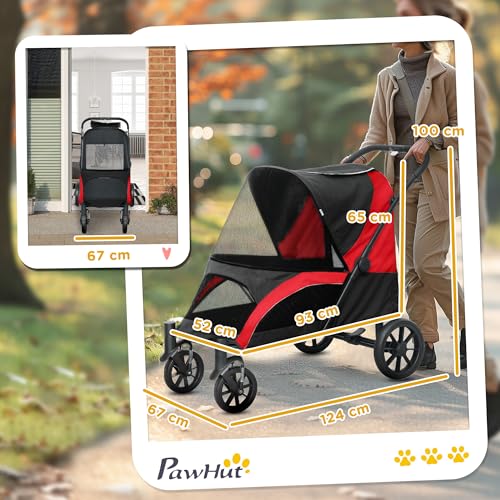 PawHut Hundewagen Hundebuggy klappbar für große Hunde & Katzen bis 30 kg Katzenbuggy mit Kissen Netzfenstern Türen Aufbewahrungstasche Katzenwagen Buggy Schwarz