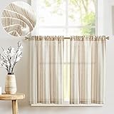 jinchan Taupe Striped Linen Kitchen Curtains 24 Inch Cafe Tier Curtains Balanced Stripe Farmhouse Small Drapes for Bathroom Laundry Over Sink Half Window Light Filtering 2 Panels Tan on Linen