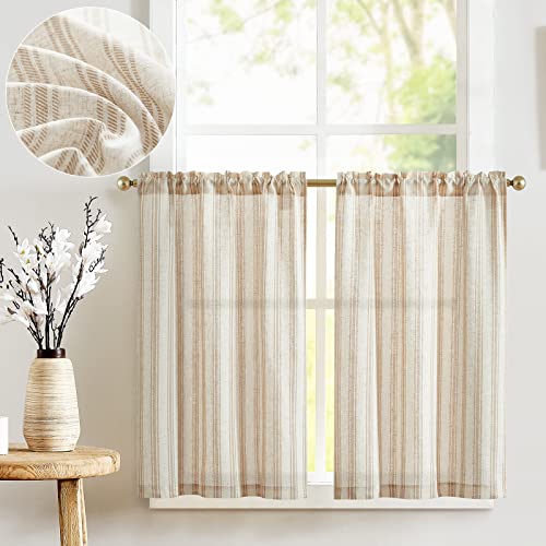 jinchan Taupe Striped Linen Kitchen Curtains 24 Inch Cafe Tier