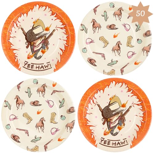ColorOrca 9 inch leak-proof disposable paper plates - 50 pcs, thickened & easy to clean, perfect for cowboy cowgirl party decorations, and western party decorations. 2 Styles. | YeeHaw + Pattern