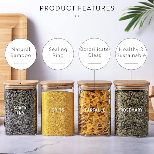 Image of Square Wooden Lid, Glass Jar Food Storage Containers Set, Airtight Food Jars with Kids Kitchen Canisters for Sugar, Candy, Cookie, Rice and Spice Jars (800ML SQUARE JAR, 6 PCS) Transparent