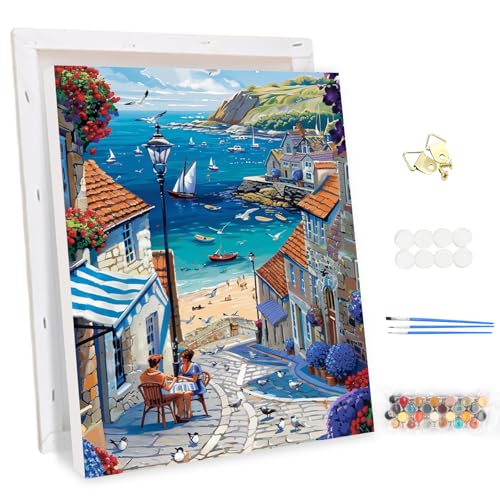 MEIYUDA Pintar por Numeros Adultos con Marco, Cuadros por Numeros Pigmento Acrílico Paisaje junto al mar, DIY Pintura por Numeros Kit Manualidades, Decoración para el Hogar Regalo de pared 30x40cm