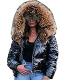 Roiii Women Winter Warm Down Jacket Thick Slim Flash Coat Down Outdoor Hood Parka Short Slim Jacket Black