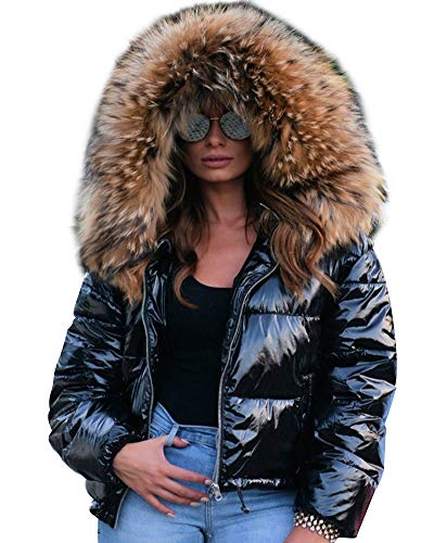 Roiii Women Winter Warm Down Jacket Thick Slim Flash Coat Down Outdoor Hood Parka Short Slim Jacket Black