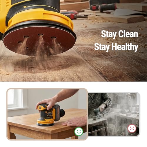 Cordless Random Orbital Sander Compatible with DeWalt 20V MAX Battery - Tool Only, 5" Brushless Palm Sander, 12,000 OPM, 6 Variable Speeds, Dust Collection Bag, 10 PCS Sandpapers for Wood, Metal & DIY - Image 4