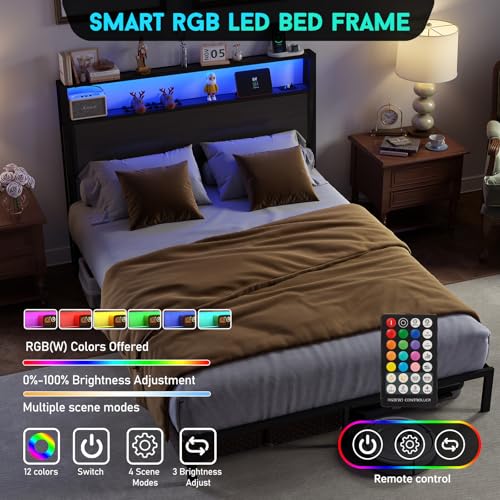 Image of Queen Size Bed Frame with Headboard, Metal Platform Bed Frame with LED Lights & Charging Station, Under Bed Storage, Solid and Stable, No Box Spring Needed, Noise Free, Easy Assembly, Dark Grey