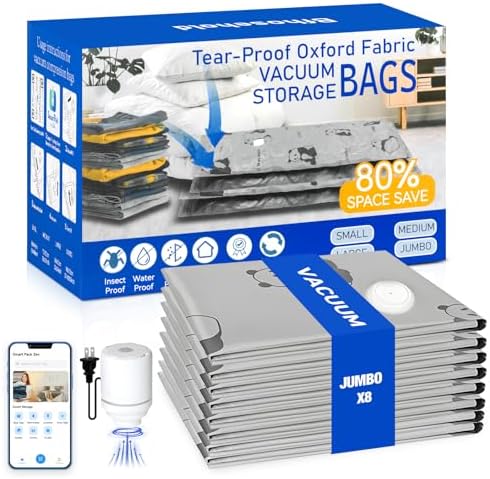 8 Pack Tear-Proof Jumbo Vacuum Storage Baggage with Pump, Oxford Cloth R… 8 Pack Tear-Proof Jumbo Vacuum Storage Baggage with Pump, Oxford Cloth R…