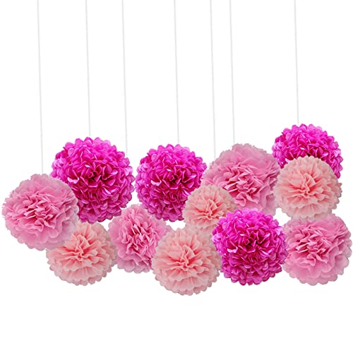 Image of We Moment Hot Pink and Light Pink Paper Pom Poms for Wedding Birthday Party Decoration - Ceiling Wall Hanging Tissue Flowers - 12pcs, 3 Colors of 12 Inch, 10 Inch