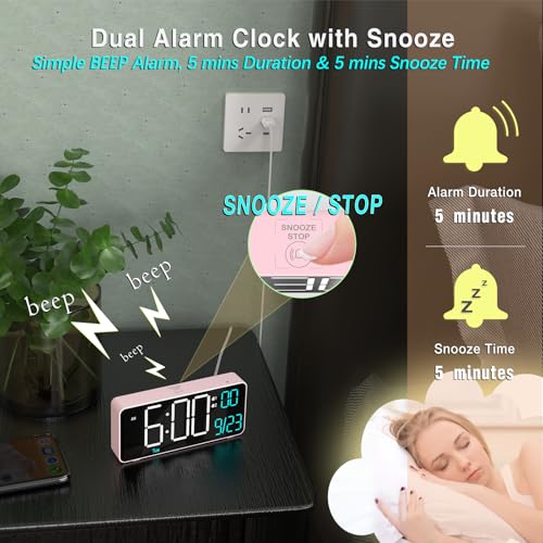 Image of KOSUMOSU Alarm Clocks for Bedrooms, 6.7in Small Digital Clock, Auto Dimming, Room Temperature, Day of The Week, Date, Seconds, Digital Clocks for Living Room, Alarm Clock