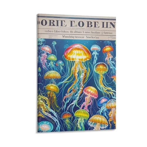 Toile murale méduse colorée et son cadre en bois esthétique à suspendre