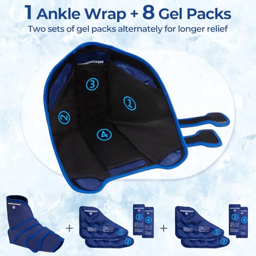 Image of KingPavonini Ankle Foot Ice Pack Wrap for Sprained Ankle /Surgery Recovery, Reusable Gel Ice Packs for Feet Injuries, Plantar Fasciitis, Achilles Tendonitis, Hot /Cold Therapy, XL (1 Wrap+8 Gel Packs)